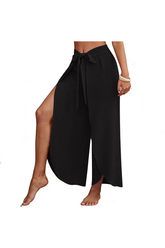 Womens Wide Leg Pants Baggy Flowy Side Slit Pants High Waisted Lightweight Casual Travel Beach Vacation Pants for Womens