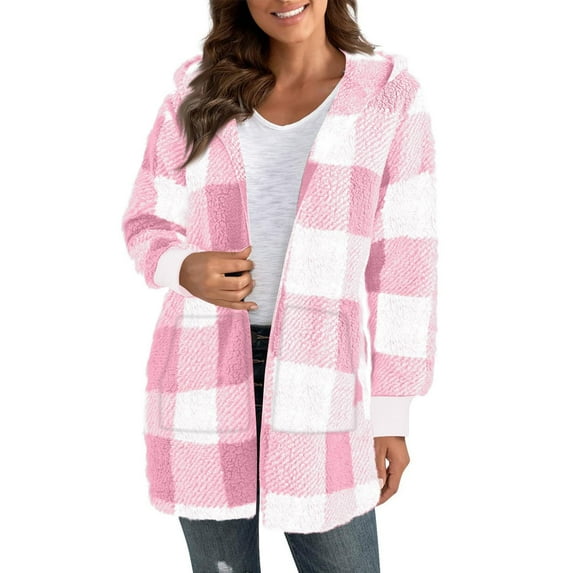 GigrtiJin Womens Winter Coats Trendy Fuzzy Fleece Hoodies Open Front Fall Jackets Warm Plaid Cardigans Casual Outerwear