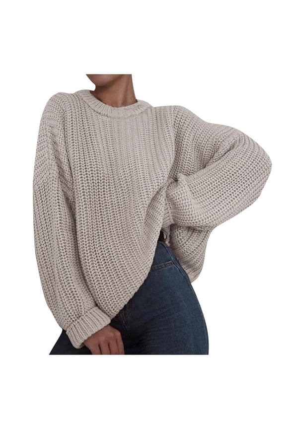 Womens Winter New Sweater Round Neck Long Sleeves Solid Color Sweaters Loose Casual Comfy Pullover Top