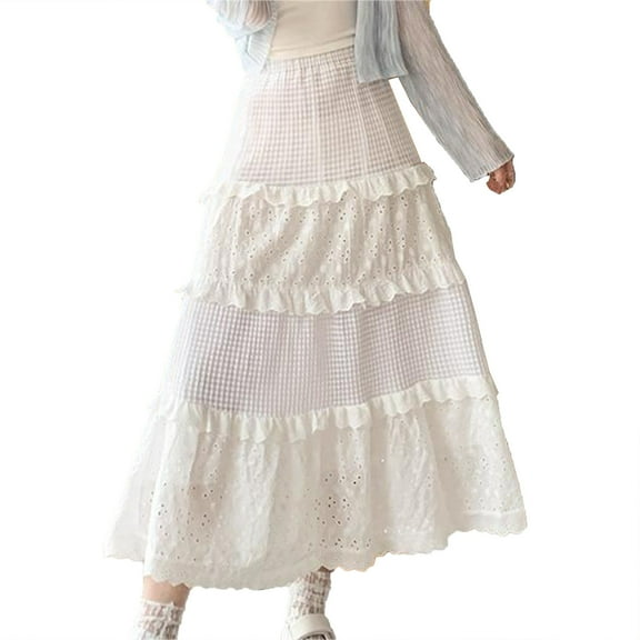 GigrtiJin Womens a Line Skirts High Elastic Waisted Elegant Casual Skirts Solid Color Retro Lace Ruffle Hem Skirts