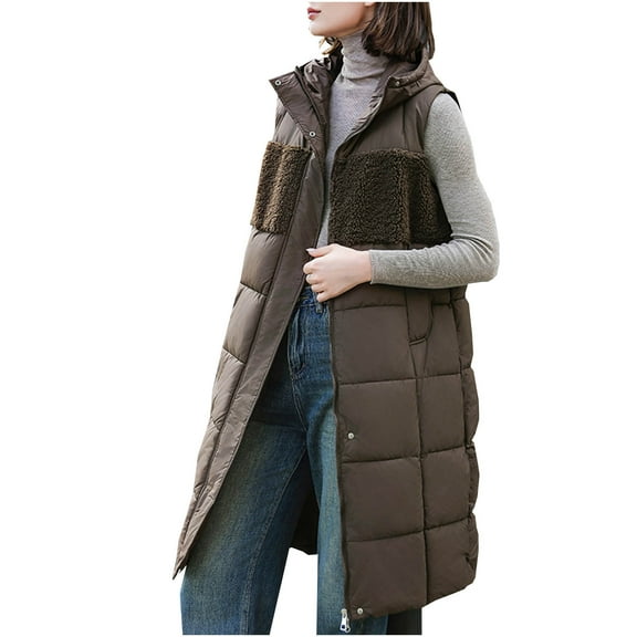 GigrtiJin Womens down Cotton Vest Long Solid Color Hooded Thickened Warm Sleeveless Jackets Coat with Pockets
