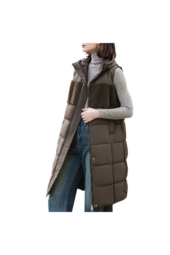 Womens down Cotton Vest Long Solid Color Hooded Thickened Warm Sleeveless Jackets Coat with Pockets