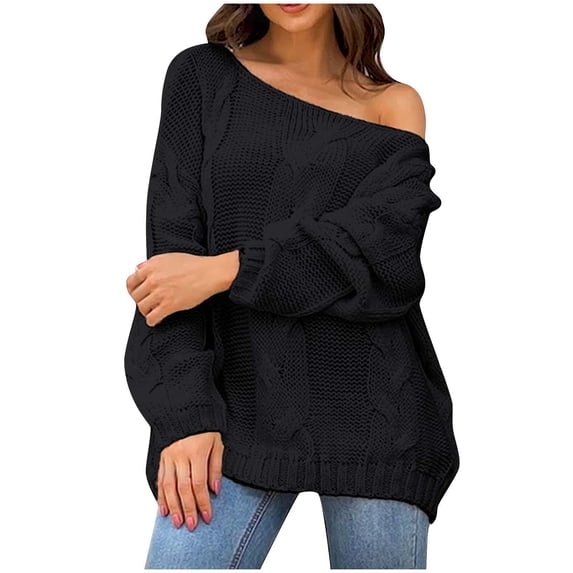 GigrtiJin Womens off Shoulder Pullover Sweaters Casual Fall Knit Blouses Long Sleeve Going out Solid Color Top
