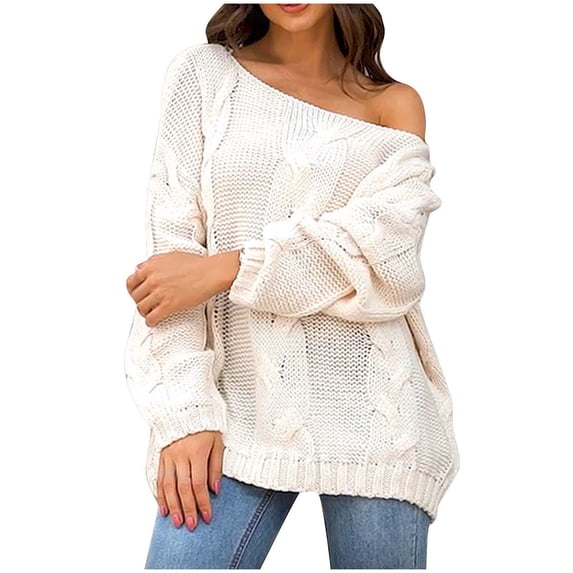 GigrtiJin Womens off Shoulder Pullover Sweaters Casual Fall Knit Blouses Long Sleeve Going out Solid Color Top