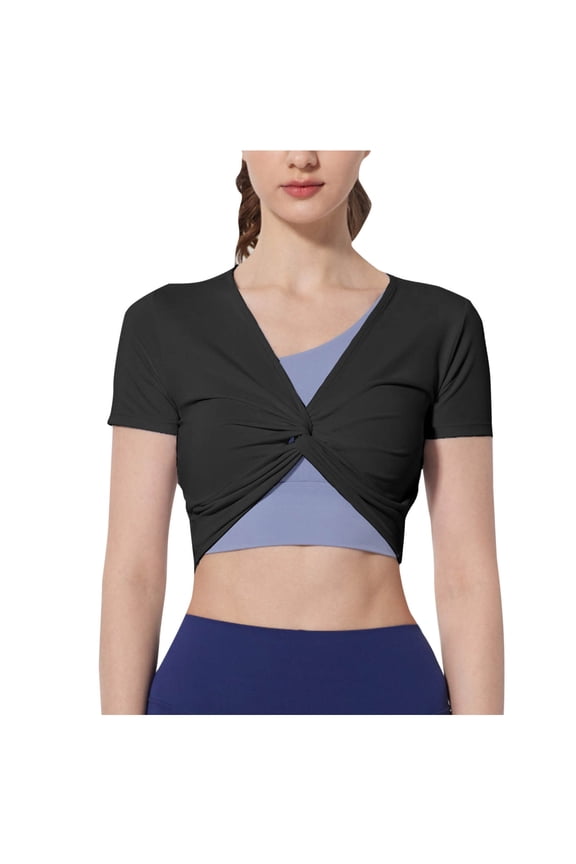Yoga Tops for Women 2 in 1 Twist Front Short Sleeve V Neck Solid Color Crop Blouse Tee
