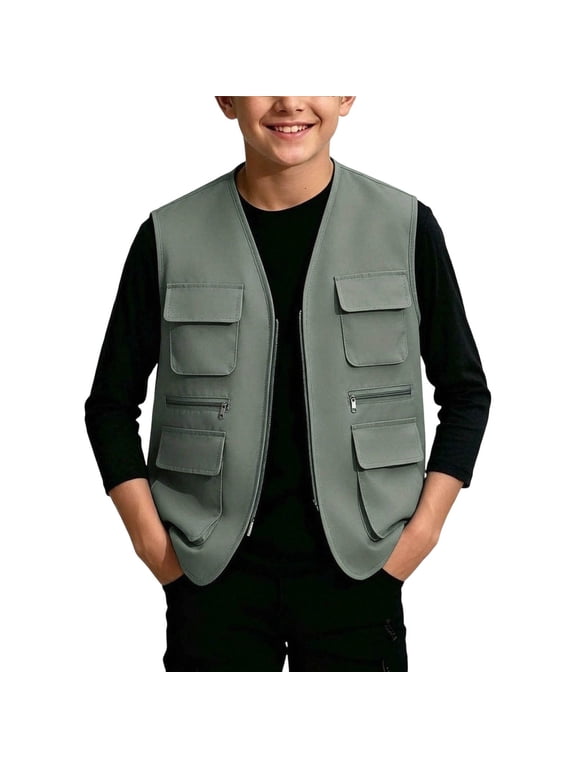 Zip up Cargo Vest for Kids Thin Basic Sleeveless Vest Boys V Neck Casual Outdoor Hiking Vest with Pockets 5T-13T