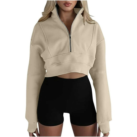 GigrtiJin Zip up Hoodies for Women Spring Cropped Long Sleeve Sweatshirts Jacket Trendy Solid Color Crop Tops
