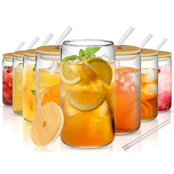 8Pcs Glass Cups with Lids and Straws - 16oz Can Shaped Drinking Glasses Set, Iced Coffee Cup, Beer Glasses Tumbler for Juice, Soda, Smoothie, Boba Tea, Whiskey, Cocktail Include 2 Cleaning Brushes