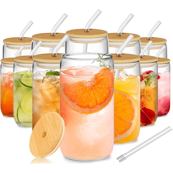12Pcs Glass Cups with Lids and Straws - 16oz Can Shaped Drinking Glasses Set, Iced Coffee Cup, Beer Glasses Tumbler for Juice, Soda, Smoothie, Boba Tea, Whiskey, Cocktail Include 2 Cleaning Brushes