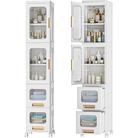 Gijjgole 4-Tier Tall Narrow Storage Cabinet with Movable Wheels, Slim Tall Bathroom Storage Cabinet with Doors and Drawers, Foldable Plastic Organizer for Small Spaces, Bathroom, Kitchen, Laundry
