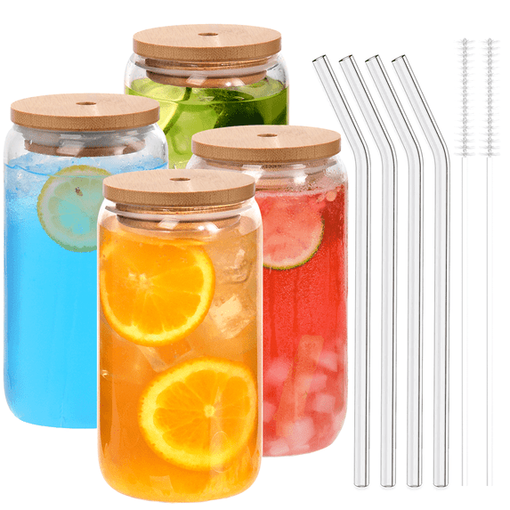 Gijjgole 4PCS Glass Cups with Bamboo Lids and Glass Straws, 16oz Drinking Glasses Can Shaped Glass Cups, Beer Glasses, Iced Coffee Cups, Ideal for Gift, Wine, Cocktail- 2 Cleaning Brushes