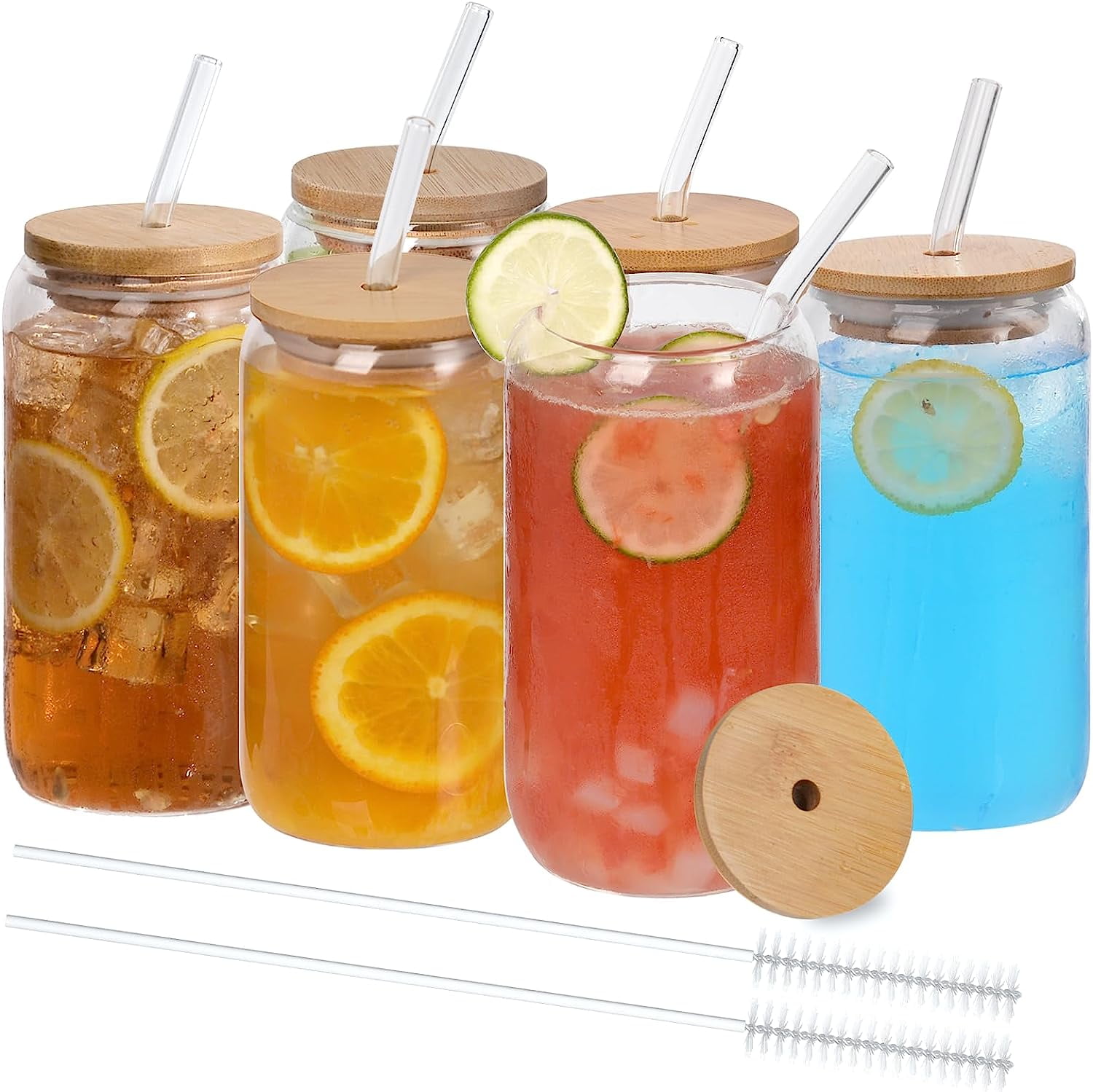 Gijjgole Drinking Glasses with Bamboo Lids and Straws, 8pcs Glass Cups Set,  16oz Beer Can Shaped Glasses, Iced Coffee Cups, Cute Tumbler Cup, for  Whiskey, Wine Cocktail Boba Tea Gift 