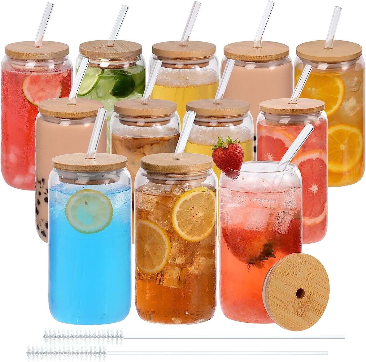 [ 12pcs Set ] Glass Cups with Bamboo Lids and Glass Straw -  Beer Can Shaped 16 oz Iced Coffee Drinking Glasses, Cute Tumbler Cup for  Smoothie, Boba Tea, Whiskey