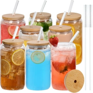 UPTRUST Drinking Glasses with Bamboo Lids and Glass Straw 2pcs Set, 24 oz  Can Shaped Glass Cups, Beer Glasses, Iced Coffee Glasses, Cute Tumbler Cup,  Ideal for Whiskey, Soda, Tea, Water, Gift 