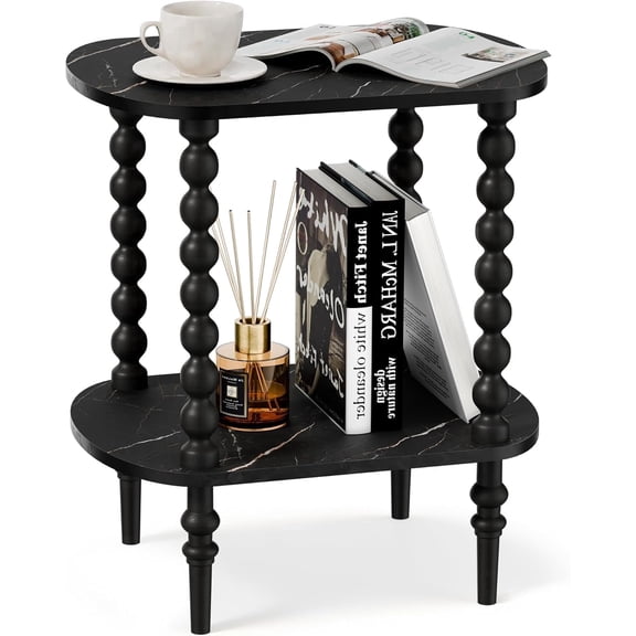 Gijjgole End Table, Marble Texture Modern Side Table with 2 Tier Open Shelf, Small Table Bed Side Tables Bedroom for Small Spaces, Living Room and Office (Black)