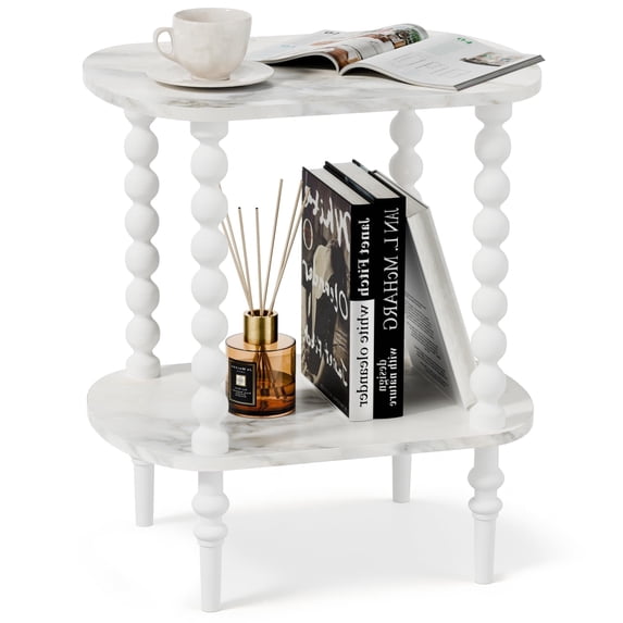 Gijjgole End Table, Marble Texture Modern Side Table with 2 Tier Open Shelf, Small Table Bed Side Tables Bedroom for Small Spaces, Living Room and Office (White)