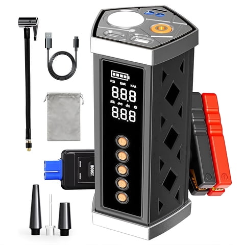 Gijjgole Jump Starter with Air Compressor, 4-in-1 1000A Peak Car Battery Jump Starter Portable, 12V Jump Box Car Battery Jumper Starter with Jumper Cables, LED Light, LCD Display