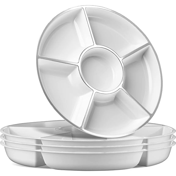 Gikisla 4 Pack White Compartment Trays with Silver Rim, 12'' Round Serving Platters for Parties, 6 Sectional Reusable Plastic Serving Tray for Chips and Dip, Veggies, Candy and Snacks
