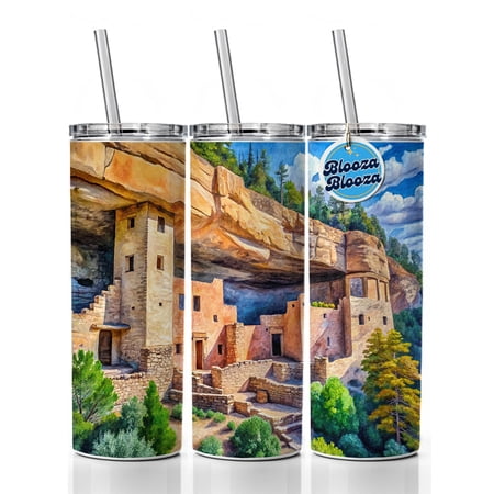 Gila Cliff Dwellings National Monument New Mexico Watercolor Style 20oz Insulated Water Bottle Skinny Tumbler Includes Straw