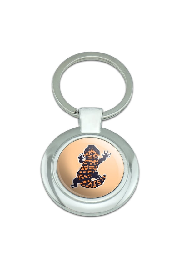 Gila Monster Pixel Lizard Keychain Classy Round Chrome Plated Metal