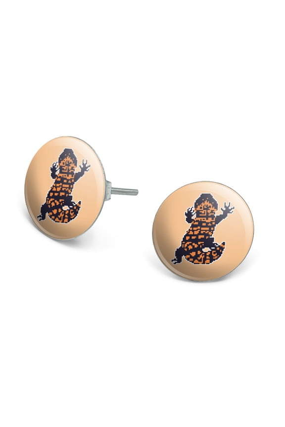 Gila Monster Pixel Lizard Novelty Silver Plated Stud Earrings