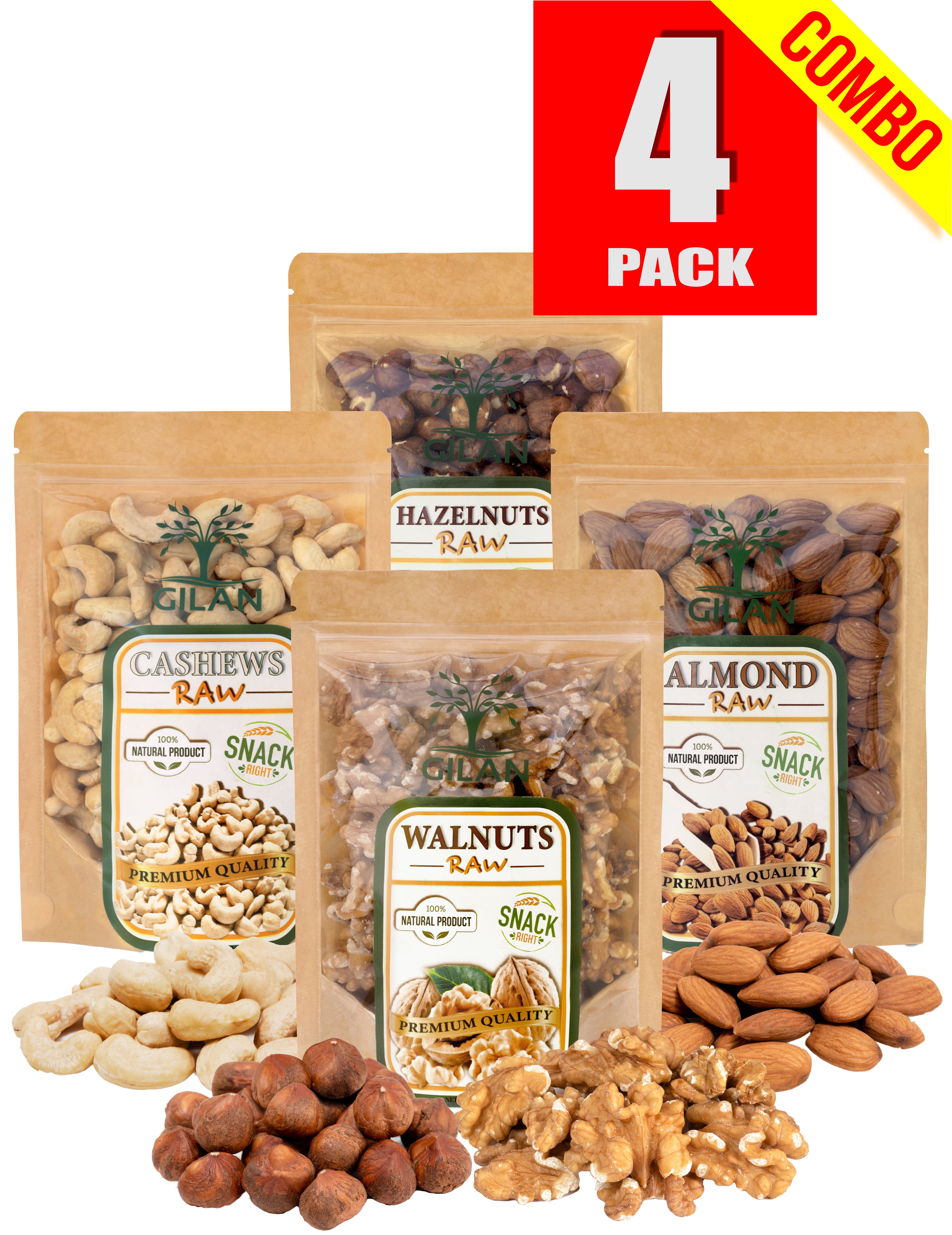 Gilan Raw Nuts Variety Pack, All Natural, 30 oz, 4Ct