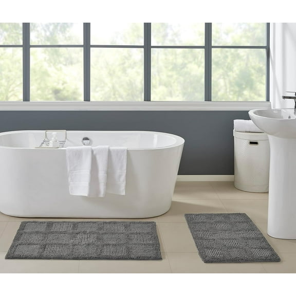 Gilbert 2 piece Checkerbox Bath Rug Set -20"X34"&24"X40"-240 GSF- DARK GREY COLOR