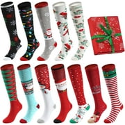 Gilbin Xmas Novelty Pack Knee High Holiday Christmas Socks, 12 Designs, Size 9-11 with Gift Box