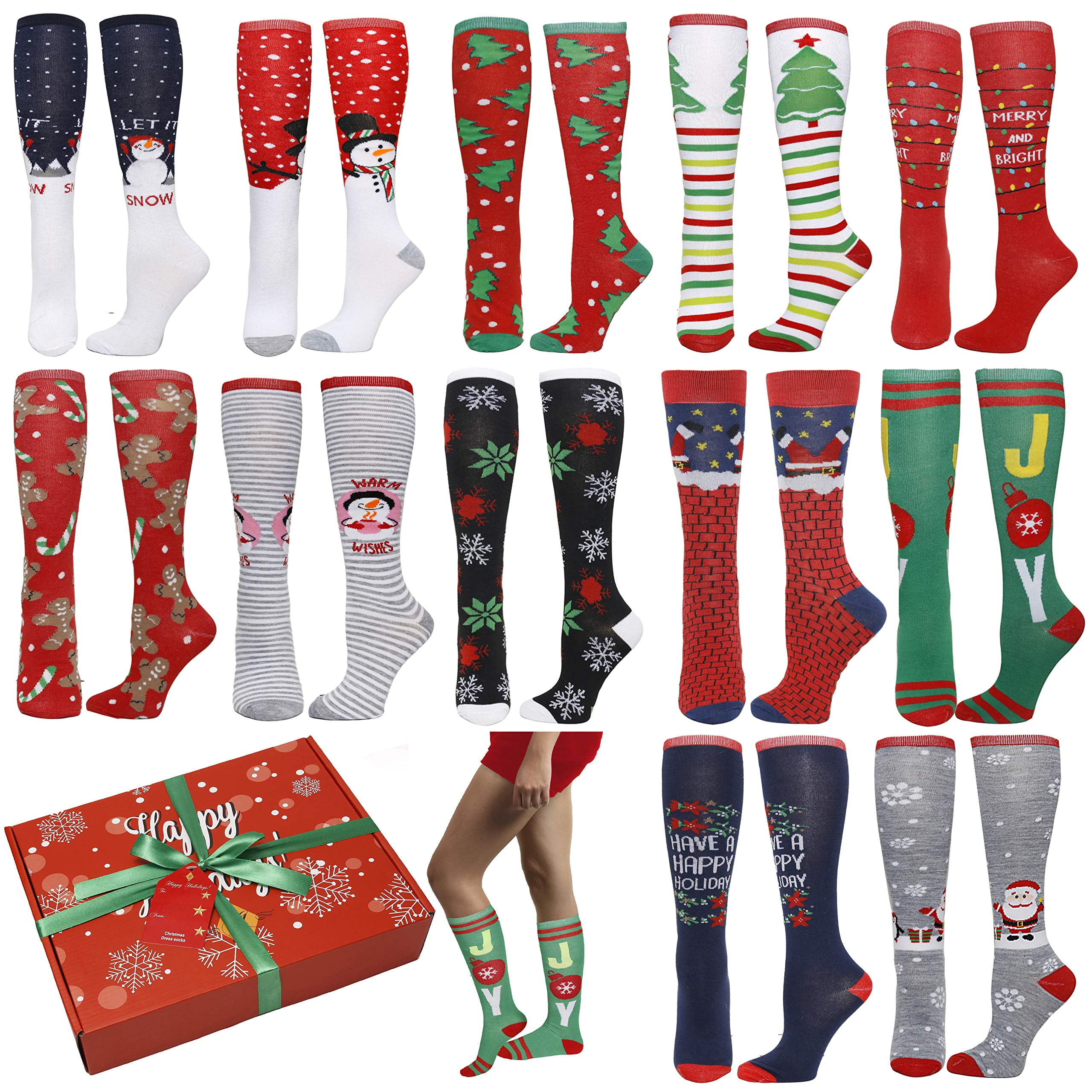 Gilbin 12 Pair, Knee High Holiday Christmas Socks, 12 Different Designs, X-Mas Socks Size 9-11 