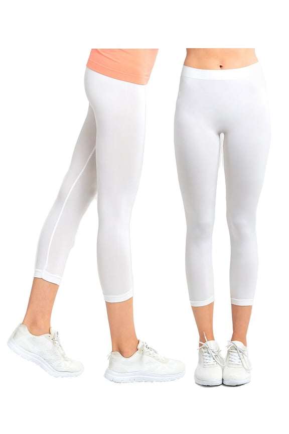 2 Pack Women's Ribbed Waistband Capri Length Leggings,One Size Fit, Super Stretch Yoga Leggings Yoga Capris