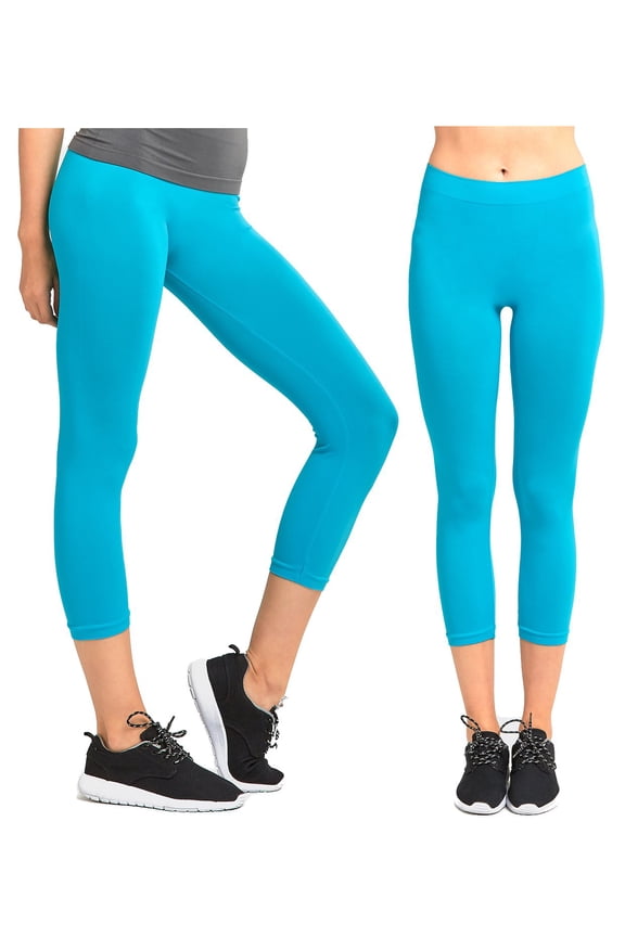 2 Pack Women's Ribbed Waistband Capri Length Leggings,One Size Fit, Super Stretch Yoga Leggings Yoga Capris