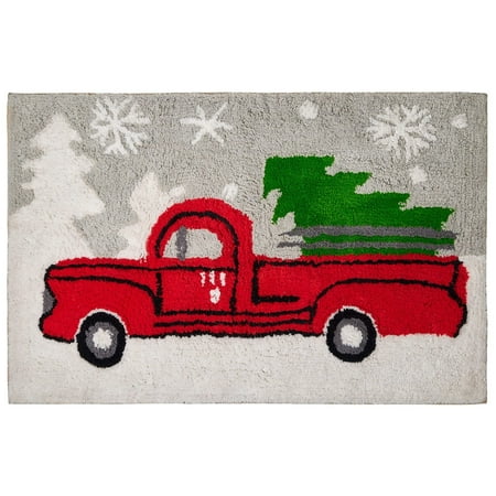 Gilbin Christmas Holiday Décor Square Pick Up Truck with Christmas Tree Water Absorbent Bathroom Vanity Bath Rug 20x30, 100% Cotton Bath Spa Mat Accent Rug Machine Washable