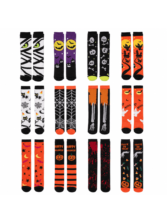 Halloween Knee High Socks Women 12 Pair Gift Box - Novelty Spooky Boot Socks Set