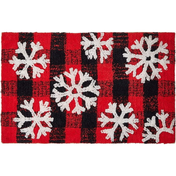 Gilbin Holiday Buffalo Plaid Snowflakes Red 100% Cotton Bath Rug, 20" x 30", Machine Washable