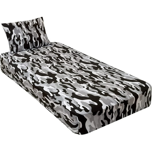 Gilbin Jersey Knit Cotton Fitted 2 pc. Cot Size Camp Sheet & Pillowcase - Perfect for Camp Bunk Beds / RVs / Guest Beds Black Camouflage