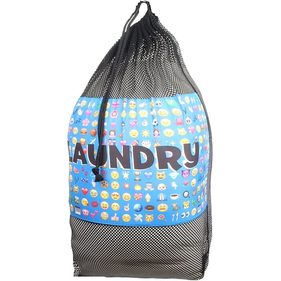 Gilbin Matching Mesh Laundry Or Sock Bag with Drawstring for Sleep Away Camp (Laundry Bag, Multi Blue Emoji)