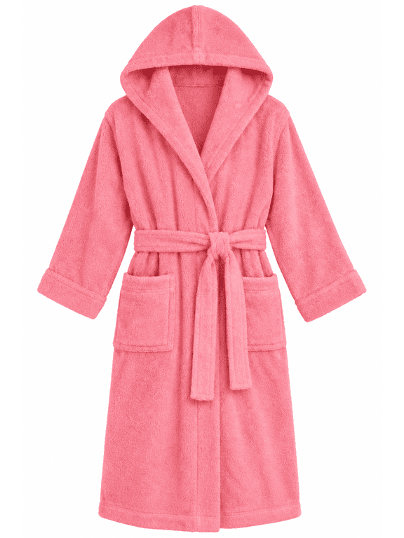 Pink Hooded Cotton Terry Cloth Bathrobe - Plush Towel Spa & Swim Robe, Size 14-16