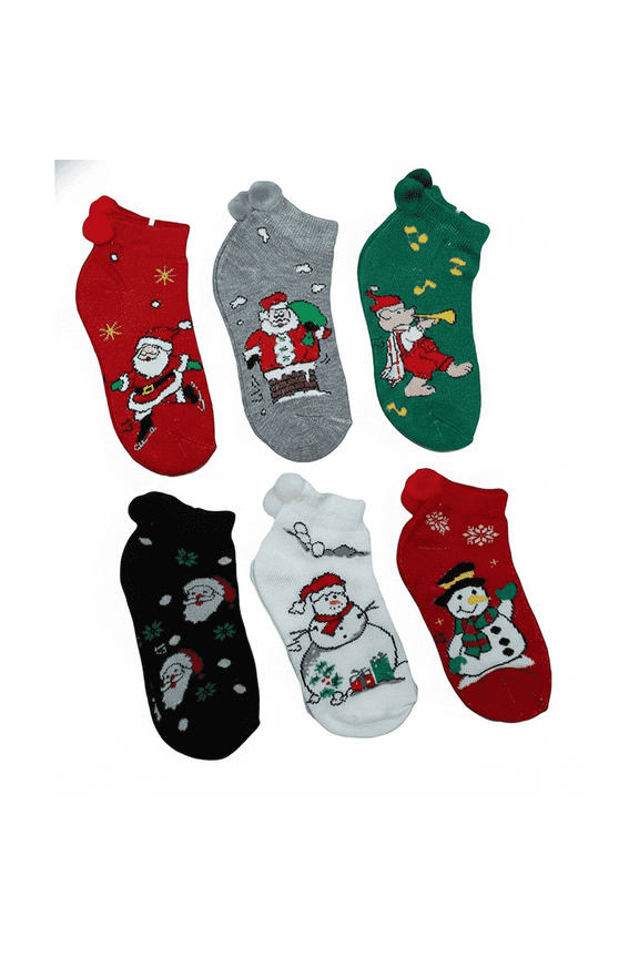 Toddler & Kids Christmas Holiday Ankle Pom Pom Socks 6 Pack – Soft Cozy Acrylic Socks for Boys & Girls, Festive Gift, Non-Skid Comfort