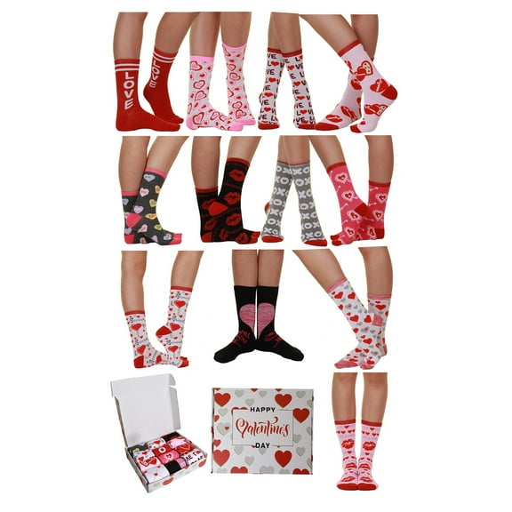 Gilbin Valentine's Day Soft Crew Socks XOXO Kiss Hug Love Prints, Women's Size 9-11(12 Pair Crew)