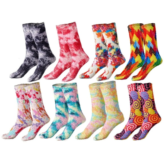 Gilbin Women’s Tie-Dye Fuzzy Slipper Socks 8 Pairs – Soft Plush Crew Socks, Non-Skid, Warm Winter Socks