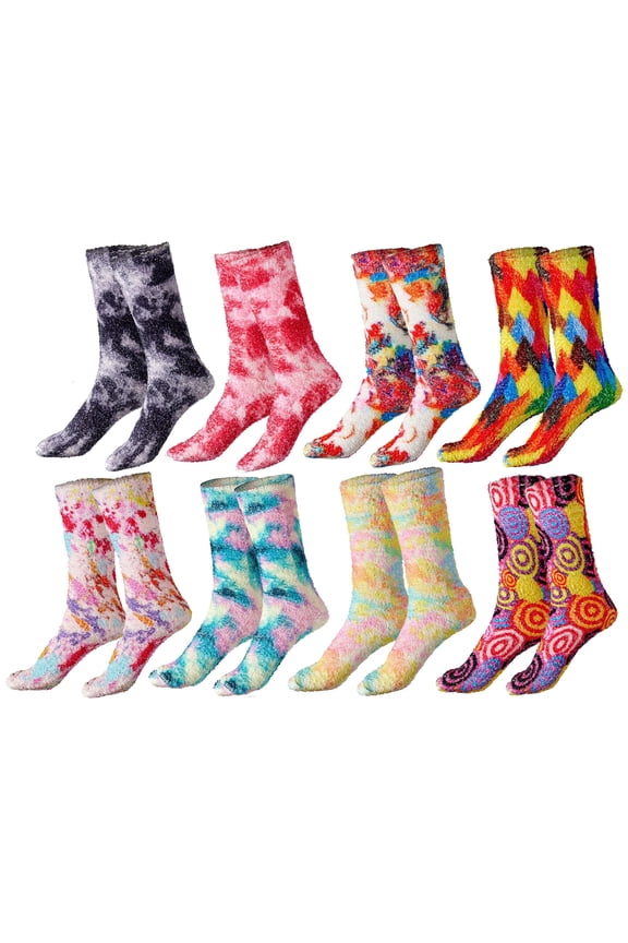 Women’s Tie-Dye Fuzzy Slipper Socks 8 Pairs – Soft Plush Crew Socks, Non-Skid, Warm Winter Socks