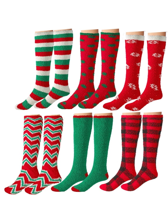 Women's Soft Knee High Fuzzy Sock, Holiday Christmas Slipper Socks, holiday stocking stuffers, Snowflake Fuzzy Socks, 6 Pack, Size 9-11