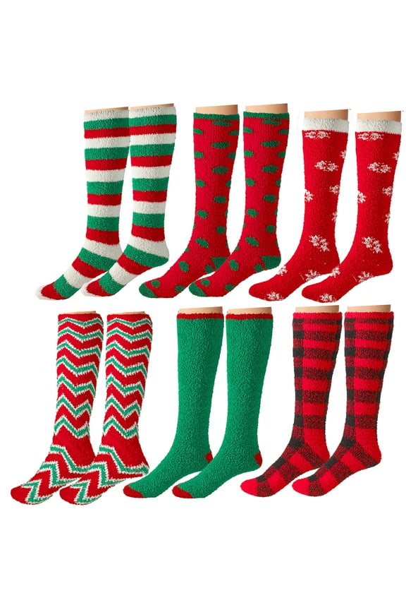Women's Soft Knee High Fuzzy Sock, Holiday Christmas Slipper Socks, holiday stocking stuffers, Snowflake Fuzzy Socks, 6 Pack, Size 9-11