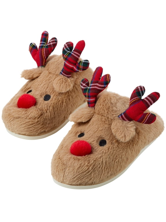 Fuzzy Non-slip Rubber Christmas Reindeer Indoor Slippers for Family