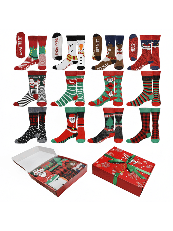 's Comfortable Breathable Festive Novelty Dress Socks, 70% Cotton, Assorted Designs, Size 10-13, 12 Pack