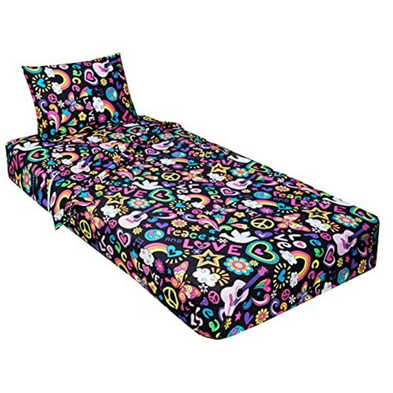 Gilbins Jersey Knit 3 Piece Cot Size Camp Sheet Set (Twin Size 39"X75", Peace Love Black)