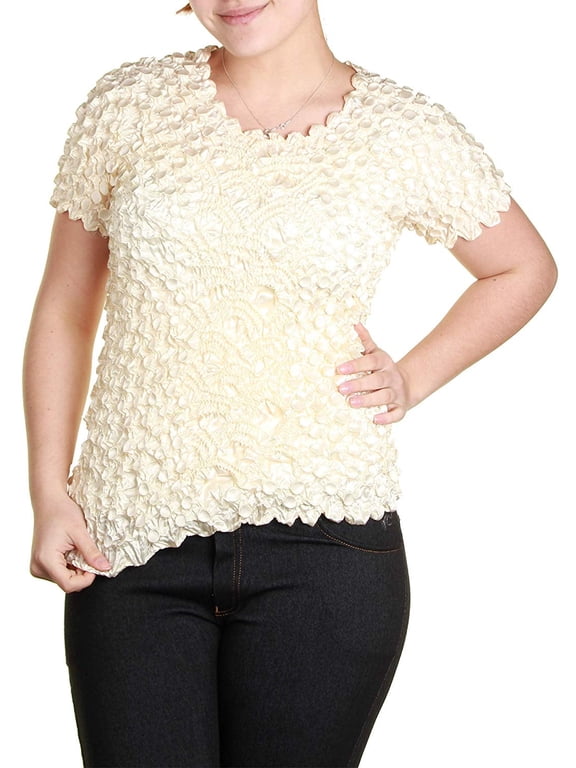 s Short Sleeve Popcorn Bubble Crinkle Super Stretchy Magic Shirt One Size Fits All! (Ivory)