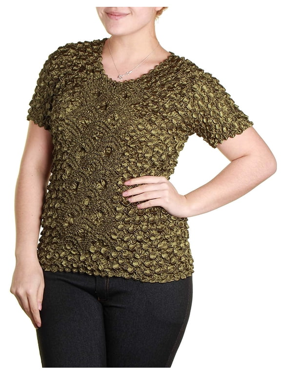 s Short Sleeve Popcorn Bubble Crinkle Super Stretchy Magic Shirt One Size Fits All! (Olive)