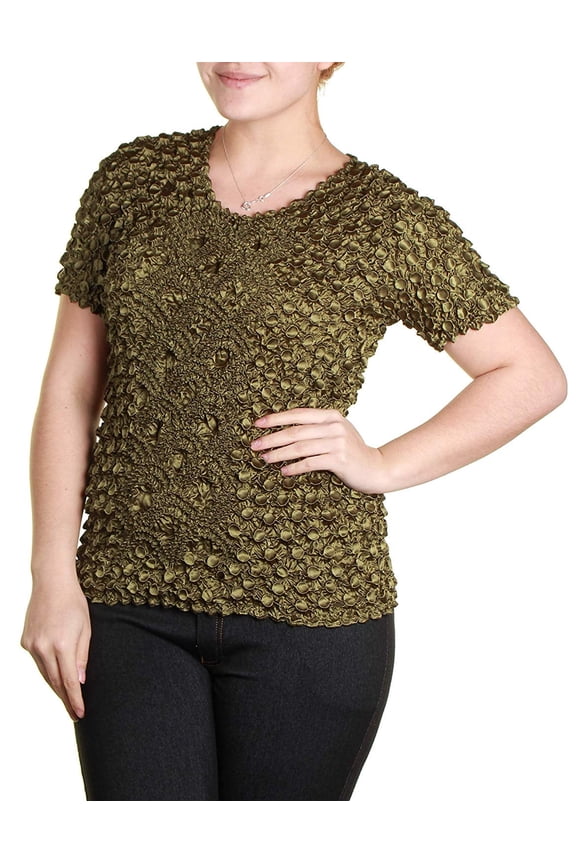 s Short Sleeve Popcorn Bubble Crinkle Super Stretchy Magic Shirt One Size Fits All! (Olive)