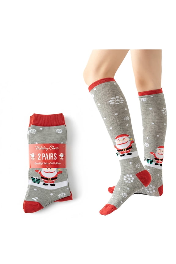 2 Pair Women’s Holiday Christmas Knee High Socks – Size 9-11 – Festive Winter Novelty Gift Socks – Soft & Warm Xmas Socks